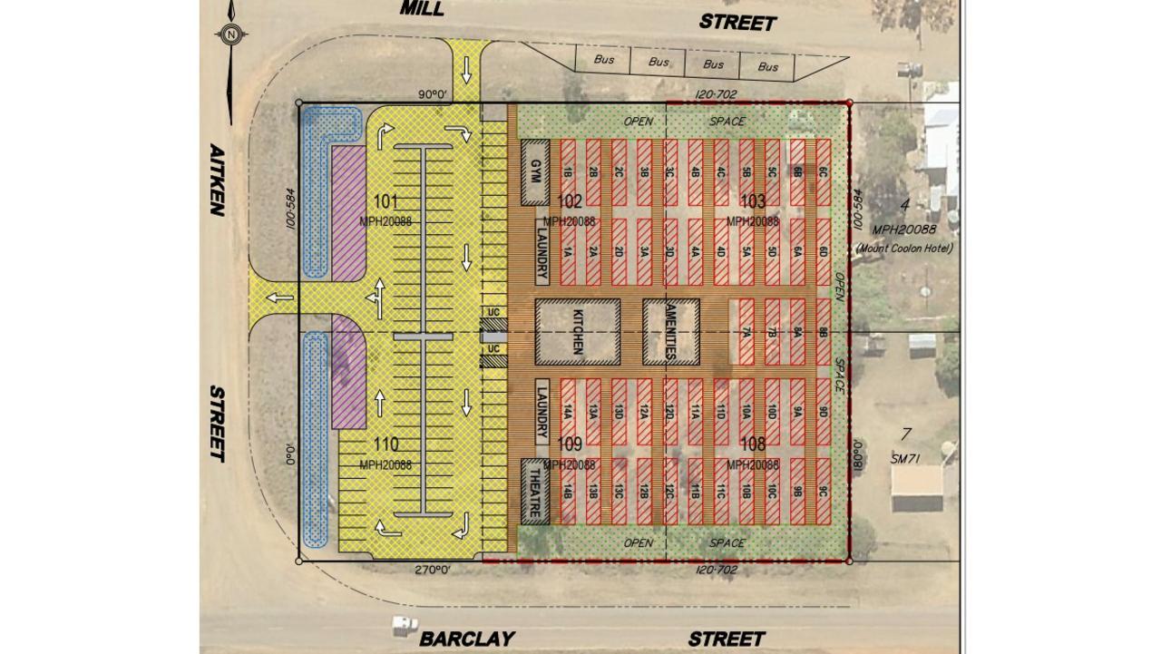 The proposed accommodation includes 48 demountable buildings set up across six lots on Barclay and Mill St, next to the Mount Coolon hotel.