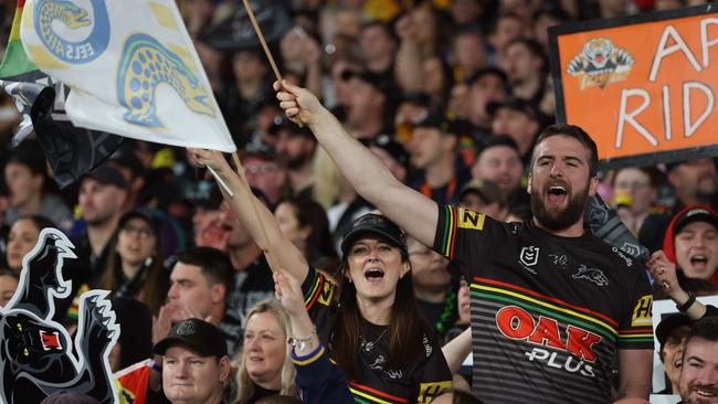 Penrith fans celebrate a try.