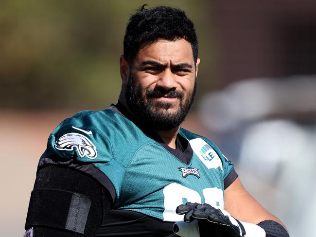 TEMPE, ARIZONA - FEBRUARY 09: Jordan Mailata #68 of the Philadelphia Eagles participates in a practice session prior to Super Bowl LVII at Arizona Cardinals Training Center on February 09, 2023 in Tempe, Arizona. The Kansas City Chiefs play the Philadelphia Eagles in Super Bowl LVII on February 12, 2023 at State Farm Stadium. (Photo by Rob Carr/Getty Images)