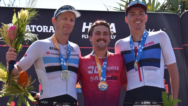 Podium winners: (L-R) Mitch Kibby, Nick Thompson and Nicholas Free at Sunshine Coast Ironman 70.3 2023.