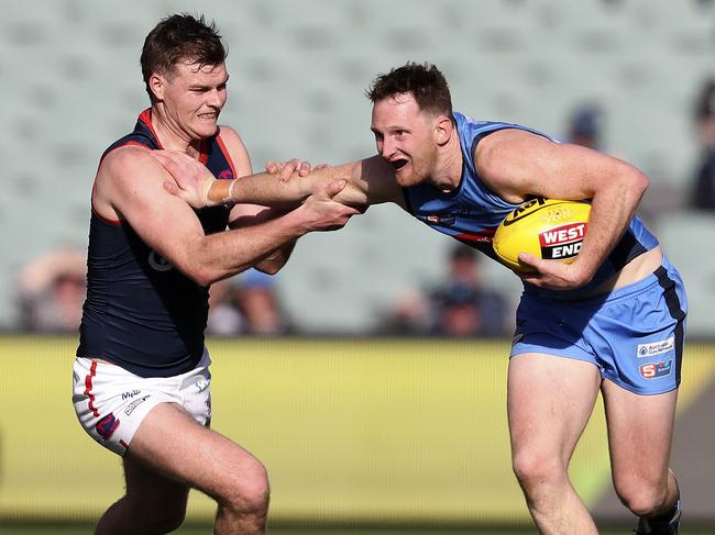 PAC old scholar Cole Gerloff (left) in this year’s SANFL elimination final. Picture: Sarah Reed