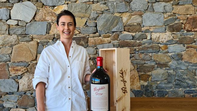 Penfolds senior winemaker Steph Dutton with a six litre bottle of Grange Hermitage which will be auctioned at the April 2021 Barossa Wine Auction. Supplied