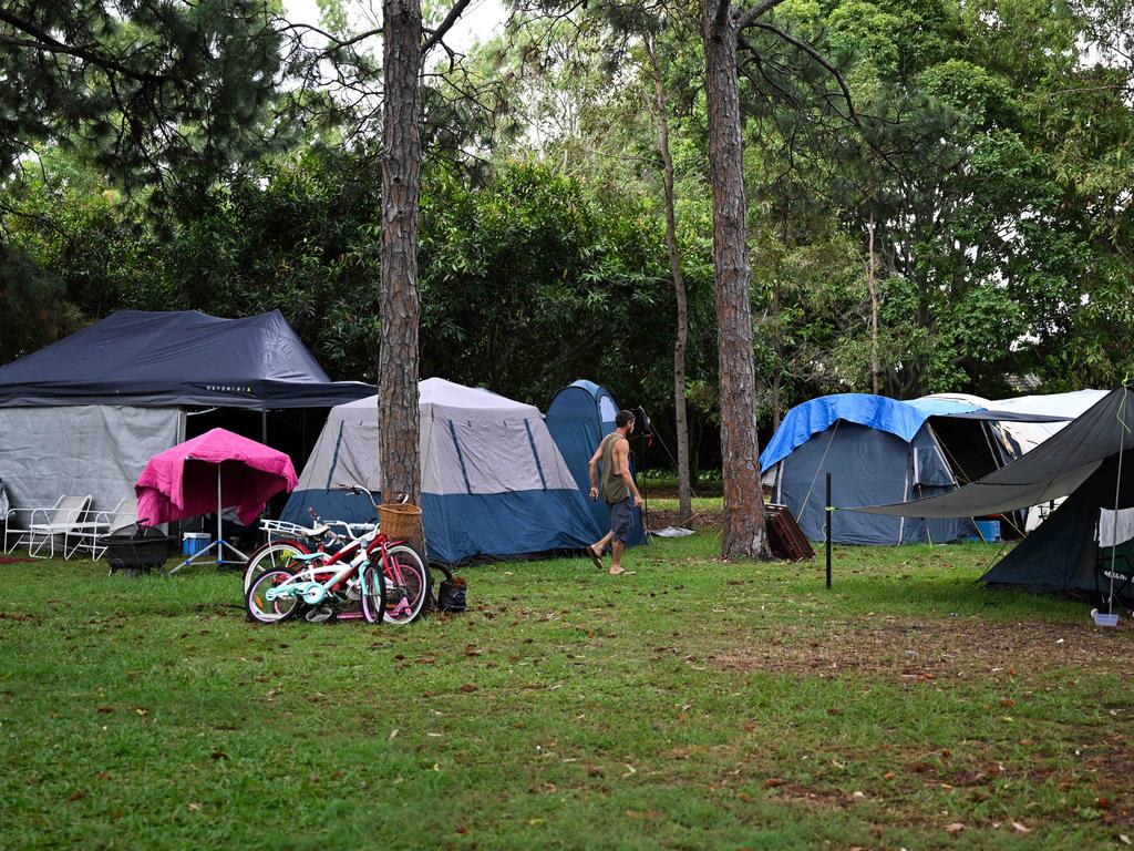 A makeshift tent city in a park in Rothwell, Brisbane. Picture: Dan Peled/NCA NewsWire