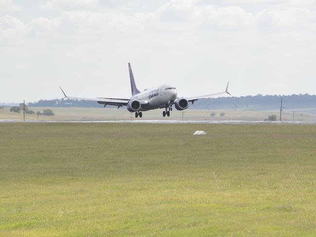 The first Bonza flight from Melbourne lands at Toowoomba Wellcamp Airport on April 17, 2023.