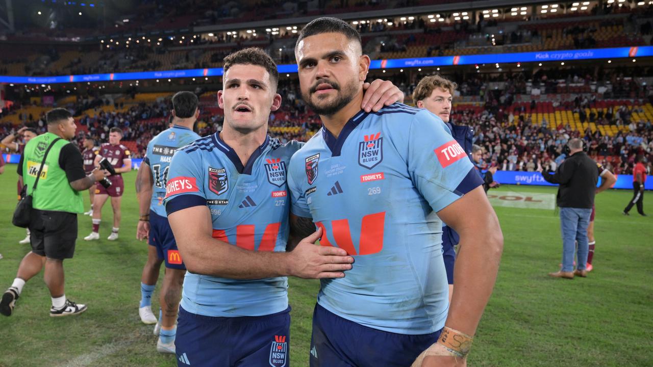 Nathan Cleary and Latrell Mitchell celebrate the Game 1 victory. (Photo by Bradley Kanaris/Getty Images)