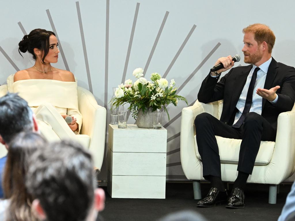 Prince Harry and Meghan Markle appeared on a panel in New York on Tuesday night but stayed silent on Israel. Picture: Getty Images