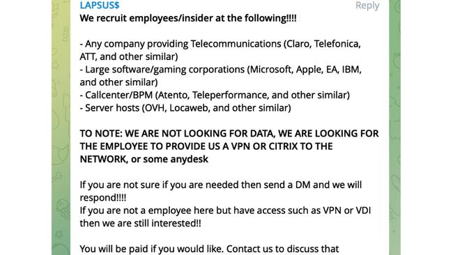 Lapsus$ recruitment notice. Source: Microsoft