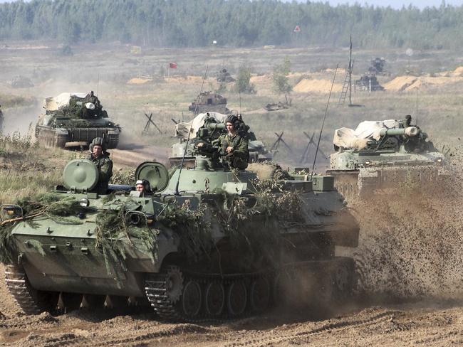 Belarusian army vehicles prepare for war games at an undisclosed location in Belarus. Russia and Belarus are holding a massive exercise, Zapad 2017, due to start near the borders of Poland, Estonia, Latvia and Lithuania. Picture: AP