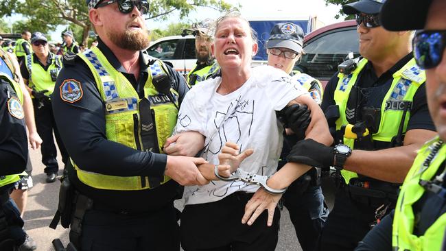 A regular member of the anti-mandate protests arrested after illegally walking on the road Picture: (A)manda Parkinson