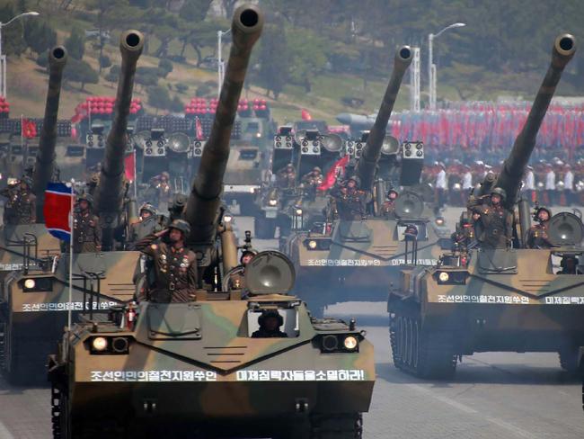 Howitzers taking part in the show of military strength. Picture: AFP