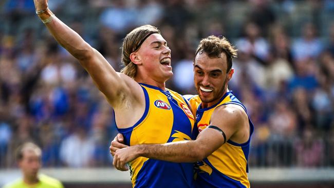 Harley Reid celebrates his first goal at home. Picture: Daniel Carson/AFL Photos via Getty Images