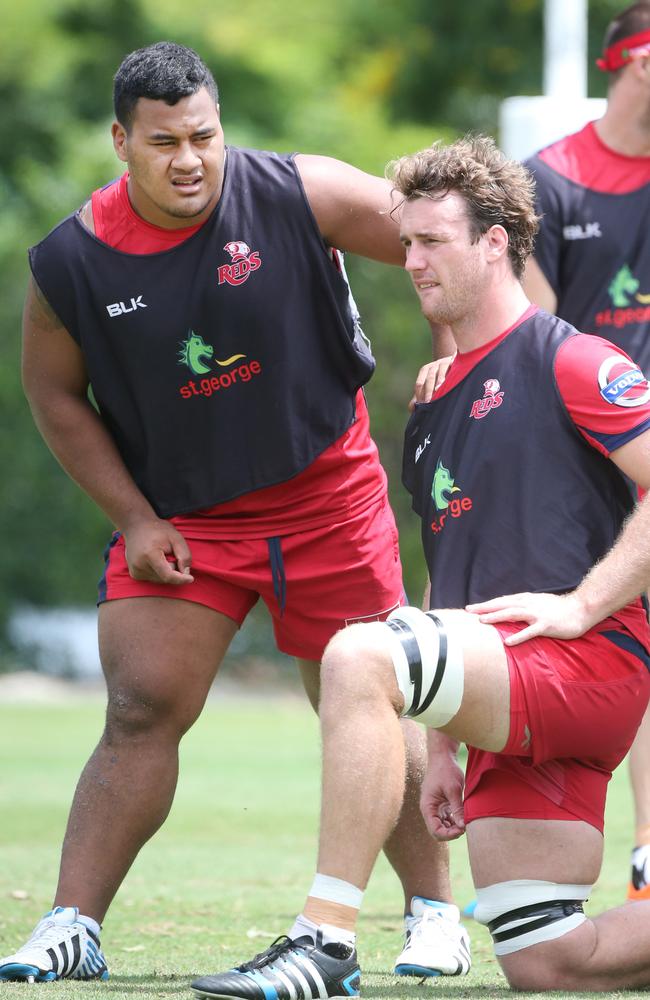 Taniela Tupou and new teammate David McDuling at Reds training.