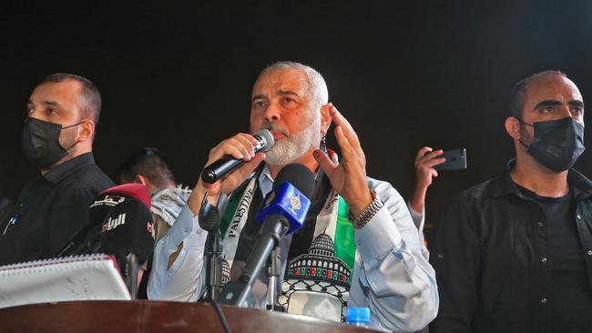 Hamas' political bureau chief Ismail Haniyeh addresses supporters during a rally in solidarity with the Palestinians outside Qatar's Imam Muhammad Abdel-Wahhab Mosque in the Doha. on May 15, 2021. Picture: AFP