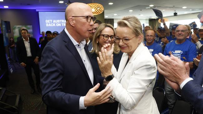 Peter Dutton with his deputy Sussan Ley, now the Acting Opposition Leader, during a Liberal Party campaign rally in April. Picture: Picture: Richard Dobson/NewsWire