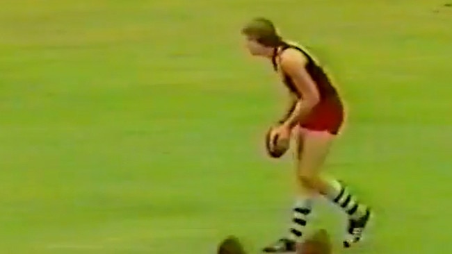 Western Districts QAFL player Ross Whyte about to kick the winning goal in the 1977 QAFL Grand Final against Wilston Grange