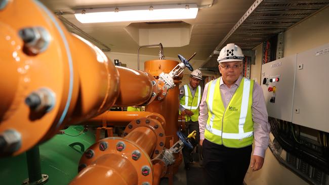 Scott Morrison during the announcement of the Battery of the Nation project at Cethana Dam and power station in Tasmania yesterday. Picture: Adam Taylor