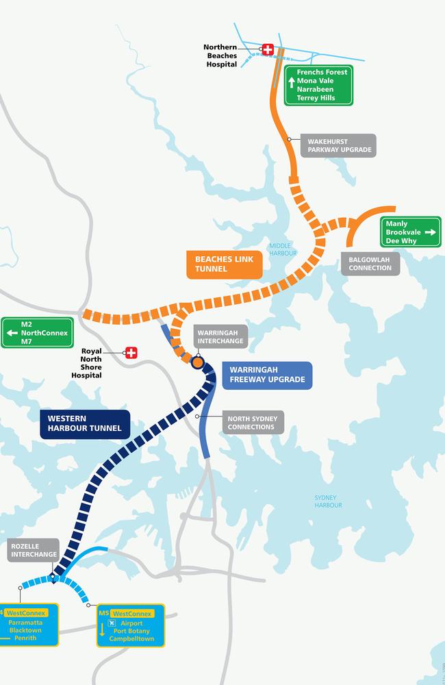 The Beaches Link tunnel will connect the Warringah Freeway and cross under Middle Harbour to the Burnt Bridge Creek Deviation at Balgowlah.