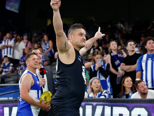 MELBOURNE, AUSTRALIA - MARCH 29: Brendan Fevola, Carlton Hall of Famer, participates in the half time Kick for the Kids activation during the 2024 AFL Round 03 match between the North Melbourne Kangaroos and the Carlton Blues at Marvel Stadium on March 29, 2024 in Melbourne, Australia. (Photo by Dylan Burns/AFL Photos via Getty Images)