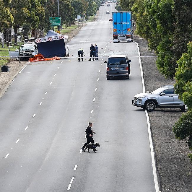 Police investigate shooting fatality on the Princes Highway in Corio. Picture : Ian Currie