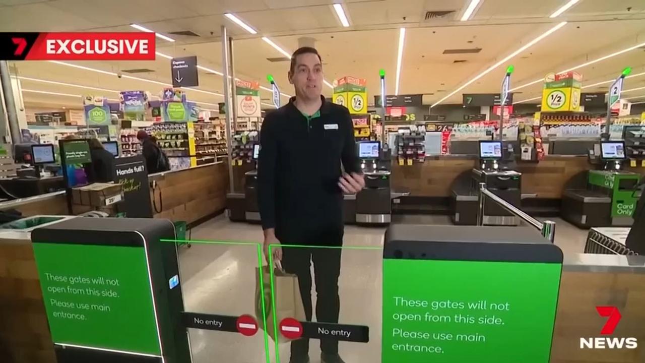 Woolworths spokesman Mark van den Bosch demonstrated how the new security measures worked using rooftop sensors to track customers from the checkout to the door. Picture: Supplied / Channel 7