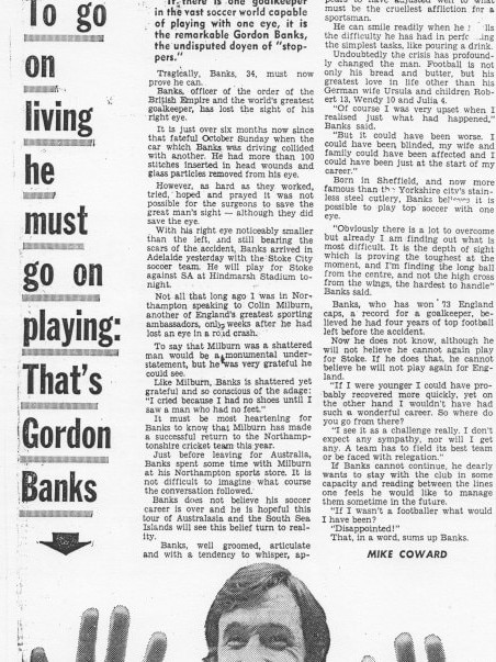 Gordon Banks article from the Stoke versus South Australia clash in May 1973.