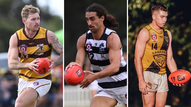 QAFL stars Coen Harker (Aspley), Justin Bishop (Broadbeach) and Charlie Offermans (Labrador). Pictures: Highflyer Images and Brooke Sleep Media.