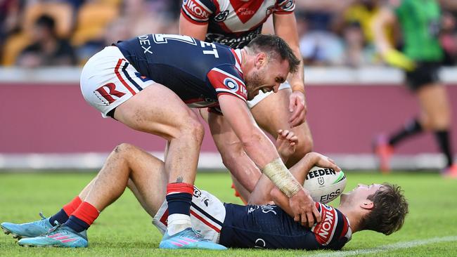 Sam Walker is congragulated by teammates after scoring a try against Parramatta. Picture: Getty