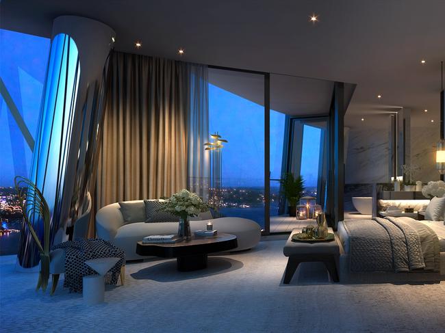 A penthouse master bedroom, pictured in 2020.