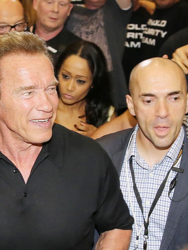 Arnold Schwarzenegger and Harry Korras  in 2015.  Picture: Nathan Dyer