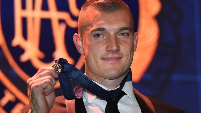 Dustin Martin of the Richmond Tigers reacts after winning the 2017 Brownlow medal at Crown in Melbourne, Monday, September 25, 2017. The Brownlow medal is awarded to the the AFL's best and fairest player. (AAP Image/Julian Smith) NO ARCHIVING