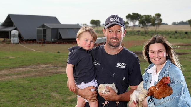 Xavier and Kimberley Prime, with Max, 2, at Chooks at the Rooke at Cororooke in Victoria. Picture Yuri Kouzmin