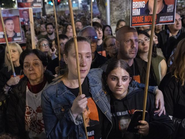 Relatives and supporters during a rally calling for the remaining hostages to be released outside The Museum of Modern in Tel Aviv, Israel. Picture: Getty Images