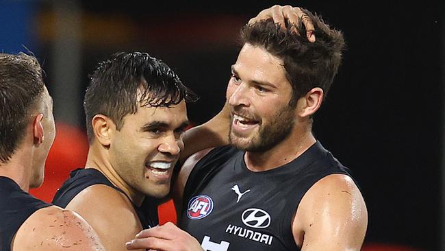 AFL Round 6.  Carlton vs Western Bulldogs at Metricon Stadium, Gold Coast. 12/07/2020.  Levi Casboult of the Blues celebrates his goal in the fourth quarter   . Pic: Michael Klein