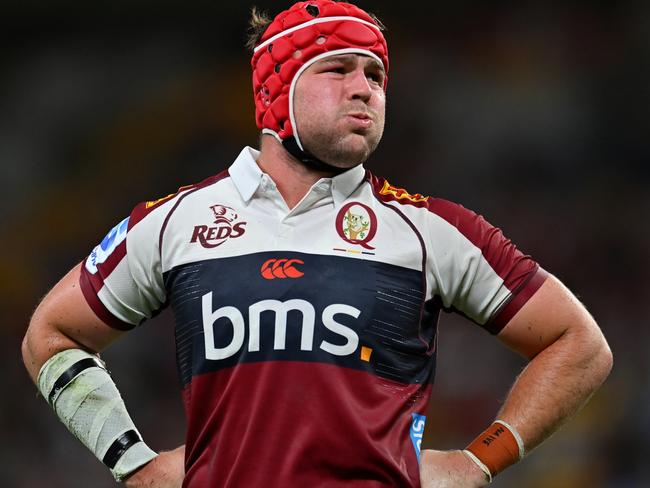 BRISBANE, AUSTRALIA - FEBRUARY 21: Harry Wilson of the Reds looks on during the round two Super Rugby Pacific match between Queensland Reds and Moana Pasifika at Suncorp Stadium, on February 21, 2025, in Brisbane, Australia. (Photo by Albert Perez/Getty Images)