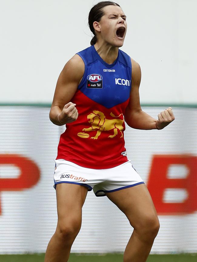 Sophie Conway celebrates a goal during Brisbane’s come-from-behind win.