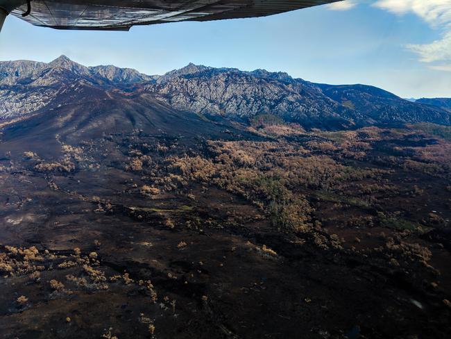 Aerial view of Gordon River area near Reeds Peak (bushwalkers will know Lake Rhona which is nearby) after the Gell River bushfire had passed through. Picture: PAR AVION