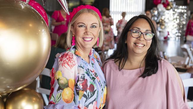 Bec Meppem (left) and Anna Singleton at the Pink High Tea fundraiser for Toowoomba Hospital Foundation at The Goods Shed, Saturday, October 12, 2024. Picture: Kevin Farmer