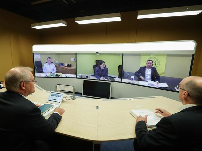 Prime Minister Scott Morrison and top Canberra officials discuss the government’s response to the crisis with state leaders on Friday, May 1. Photo: Alex Ellinghausen