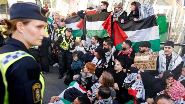 Pro-Palestinian demonstrators against Israel's participation at Hyllie outside the Malmo Arena venue.