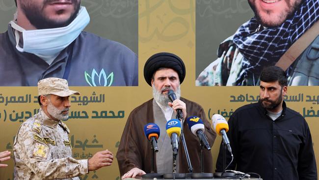 Hashim Safieddine, the head of Hezbollah's Executive Council, speaks at the funeral of persons killed after hundreds of paging devices exploded in a deadly wave across Lebanon. Picture: Anwar Amro/AFP