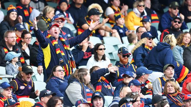 Rusted-on Crows fans during Adelaide’s loss to Essendon last month. Picture: Mark Brake (Getty).