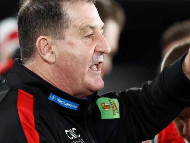 MELBOURNE, AUSTRALIA - JUNE 08: Ross Lyon, Senior Coach of the Saints addresses his players during the 2024 AFL Round 13 match between the St Kilda Saints and the Gold Coast SUNS at Marvel Stadium on June 08, 2024 in Melbourne, Australia. (Photo by Michael Willson/AFL Photos via Getty Images)