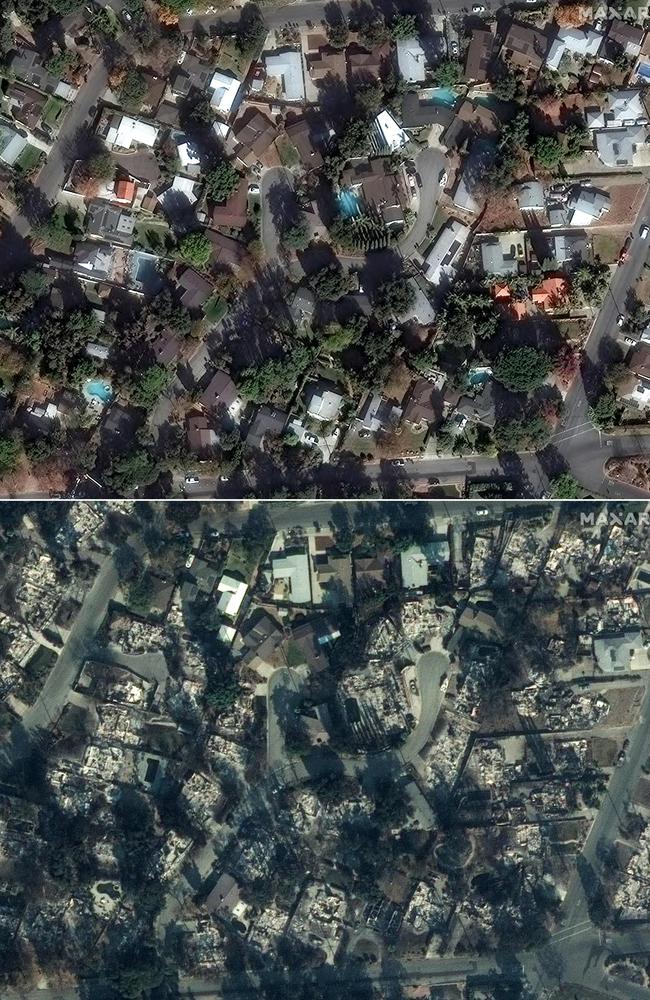 This combination of satellite images shows homes along West Loma Alta Drive in Altadena, California, on January 6, 2025 (top) and on January 10, 2025 after being destroyed by the Eaton Fire. Picture: Maxar Technologies / AFP