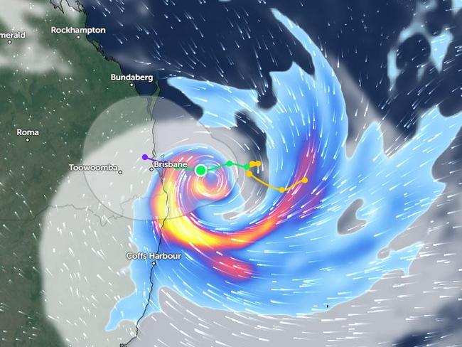 Projected radar for 12am Saturday as Tropical Cyclone Alfred nears landfall. Picture: Supplied/ Zoom Earth