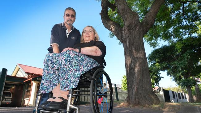 Doug Djukic and his wife Sheri, who has multiple sclerosis, have footed an $8500 bill to fix tree root damage to their plumbing, but the council will not cut the tree down to prevent the chance of repeat damage. Picture: Dean Martin