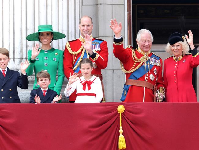 The Royals, 2023 style. The Princess and Prince of Wales (at rear), with (front, l-r), Prince George, Prince Louis, Princess Charlotte, King Charles and Queen Camilla during Trooping the Colour on June 17, 2023. Picture: Getty Images