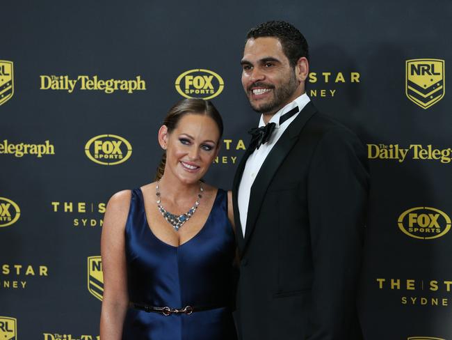 Sally Inglis, above with Greg at the 2015 Dally M Awards, said they had decided not to ignore racism but confront it head on. Picture: Richard Dobson