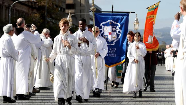 The funeral procession for retired Adelaide Archbishop Leonard Faulkner makes its way to West Tce Cemetery after the service at St Francis Xavier's Catholic Cathedral. Picture: Calum Robertson