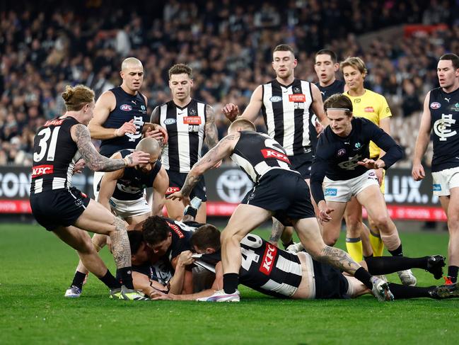 Mason Cox started a melee in the second term. Picture: Michael Willson/AFL Photos