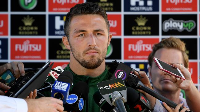 South Sydney Rabbitohs player Sam Burgess addresses media at Redfern Oval in Sydney, Tuesday, September 18, 2018. (AAP Image/Dan Himbrechts) NO ARCHIVING